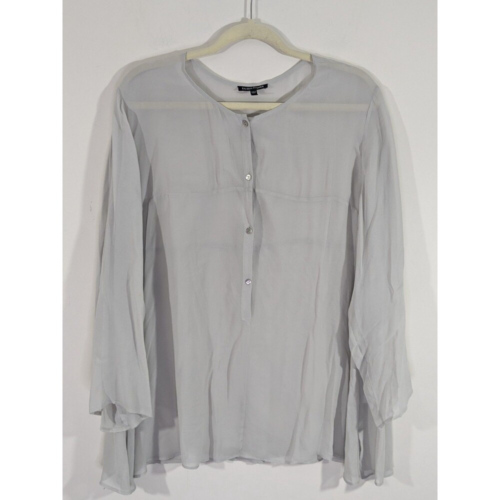 Eileen Fisher 100% Silk Georgette Crepe Tunic Top L Bone Gray Popover Blouse